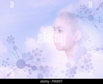 Face of mixed race girl floating in sky with molecule patterns Stock Photo