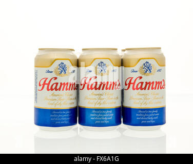 Winneconne, WI - 15 March 2016:  A six pack of Ham's beer in cans. Stock Photo