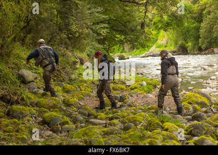 Caucasian friends walking in remote river Stock Photo