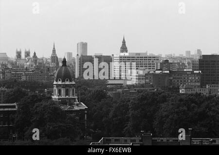 Archival image of London city skyline from Elephant and Castle, 1979, London, England, before skyscrapers, showing Imperial War Museum and Palace of Westminster, Houses of Parliament, Westminster Abbey, St. Thomas' Hospital by  Yorke Rosenberg Mardall, Century House, then MI6 headquarters, by PM Devereux Stock Photo