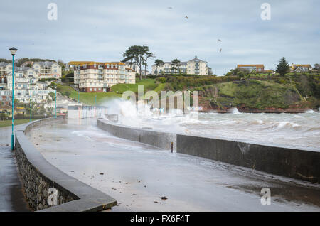 Waves crashing over the sea-front at Goodrington in Devon Stock Photo