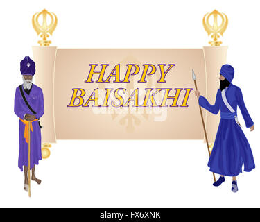 an illustration of a Baisakhi greeting card for the Sikh religious festival with an old parchment and two Khalsa Sikhs on a whit Stock Photo