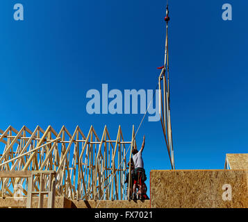 Construction workers reaching up to a roof trusses to install on a new home Stock Photo
