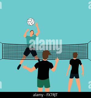 man team play volley ball in court with net jumping smashing defense sport Stock Vector