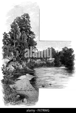 Devonian sandstones break on the river Oredezh - an illustration from antique book 'Russia, the full geographical description', Moscow, Russia, 1900 Stock Photo