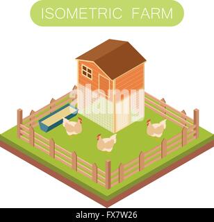 Isometric henhouse with chikens Stock Vector