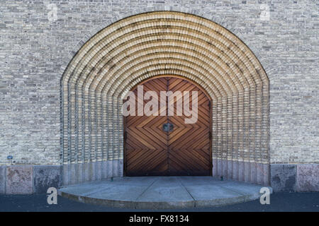 Copenhagen, Denmark - April 11, 2016: Entrance portal to Grundtvigs Church Stock Photo