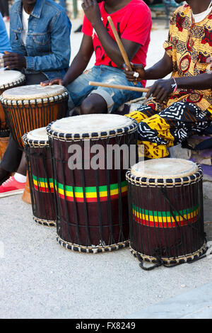 Djembe drummers playing in the street of Athens Stock Photo