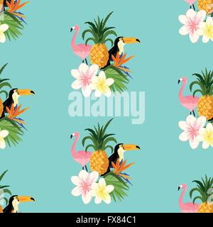 Seamless Tropical Theme background With a Toucan, Flamingo, and tropical floral flowers. Scaleable vector illustration. Stock Vector