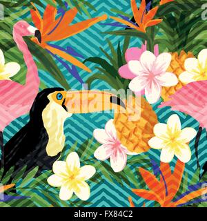 Tropical Geometric Summer. Tropical summer seamless vector pattern background. Stock Vector