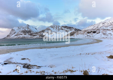 Haukland Beach in the Lofoten Islands, Norway in the winter at dusk. Stock Photo