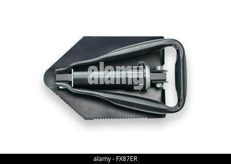 Folding camping shovel on white background Stock Photo