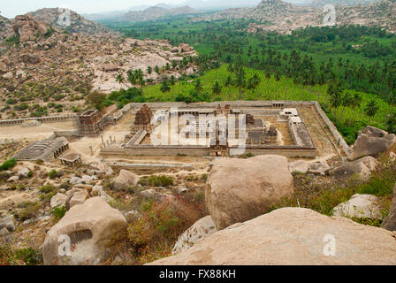 Aerial view of Achyuta Raya Temple and Courtesan's street from Matanga Hill. Sacred Center. Hampi, Karnataka, India. The hill on Stock Photo