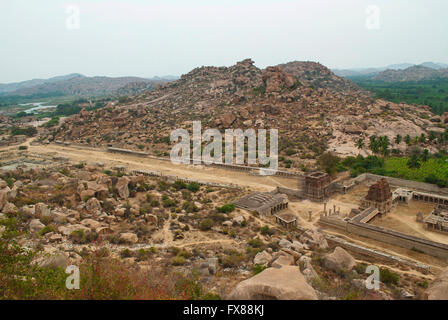 Aerial view of Achyuta Raya Temple and Courtesan's street from Matanga Hill. Hampi, Karnataka, India. Sacred Center. The hill on Stock Photo