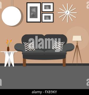 living room with sofa small desk hanging and standing lamp brown wall dark Stock Vector