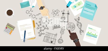 science icon biology lab sketch drawing illustration chemistry laboratory desk research collaborate team work Stock Vector