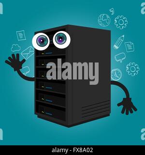 server computer component database big data storage cartoon eyes mascot cute funny smile tech object vector Stock Vector