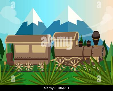 old train steam vector locomotive cartoon in jungle green illustration Stock Vector