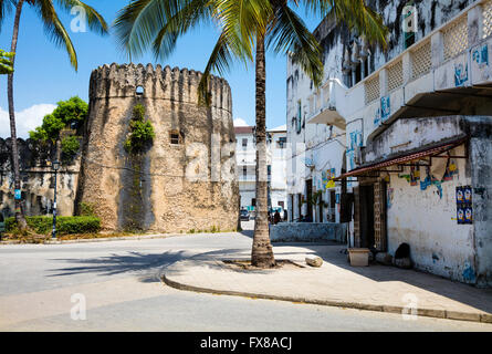 Corner tower in the walls of the Old Fort or Ngome Kongwe in Stone Town Zanzibar Stock Photo