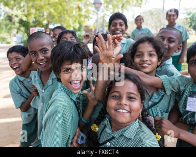 Schoolchildren at Auroville, an experimental township in Viluppuram district in the state of Tamil Nadu Stock Photo