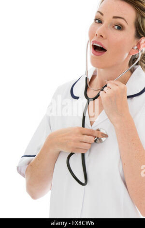 Young woman doctor listening its own heart with a stethoscope Stock ...