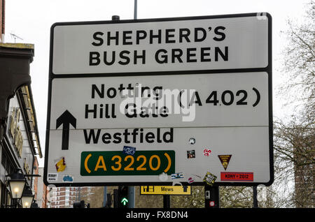 A sign on Uxbridge Road in London welcomes drivers to Shepherd's Bush Green. Stock Photo