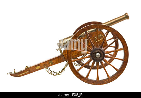 Old wooden cannon isolated over white Stock Photo