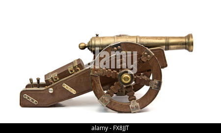 Old wooden cannon isolated over white Stock Photo