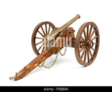 Old wooden cannon isolated over white Stock Photo