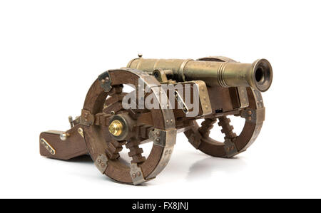 Old wooden cannon isolated over white Stock Photo