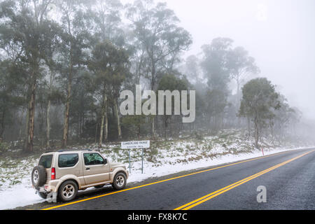 Australia, New South Wales, Kosciusko National Park, winter view of the Snowy Mountains Highway at Cumberland Range 1183 metres Stock Photo