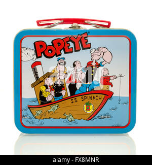 Winneconne, WI - 13 April 2016:   Lunch box featuring Popeye on an isolated background. Stock Photo
