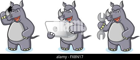 Gray Rhino Mascot with laptop Stock Vector