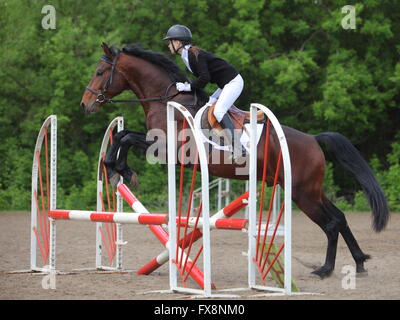Girl in equestrian uniform on horseback jumping obstacle Stock Photo