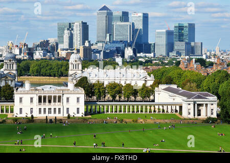 Canary Wharf fom Greenwich Park, London UK, with Royal Naval College buildings Stock Photo