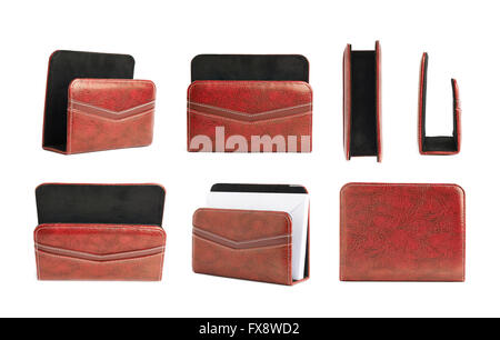 Red leather envelope holder isolated Stock Photo