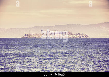 Retro old film stylized picture of Alcatraz island, San Francisco, USA. Stock Photo