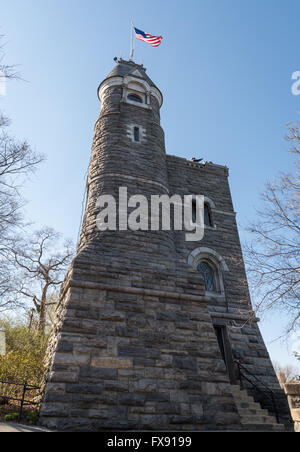 Looking upwards at the rear of Belvedere Castle in Central Park, New York, Stock Photo