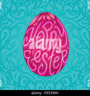 Happy Easter greeting card background with calligraphic typography text in colored egg
