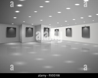 Empty white hall interior with blank black canvases vector illustration ...