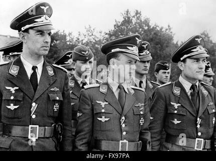 The Nazi propaganda image depicts pilots of the German Wehrmacht with the Iron Cross I. Class. The photo was taken in March 1942. Location unknown. Fotoarchiv für Zeitgeschichtee - NO WIRE SERIVCE - Stock Photo