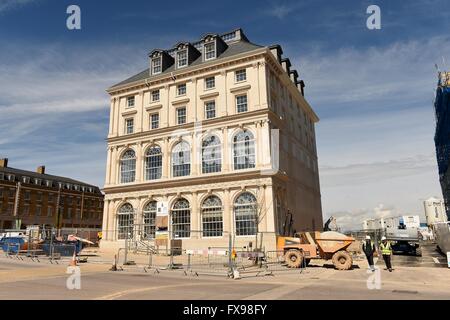 Poundbury, Dorset, UK. Pub, hotel and restaurant that will be named after the Duchess of Cornwall at 'Queen Mother Square' Stock Photo