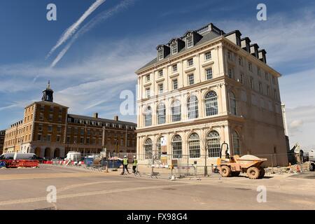 Poundbury, Dorset, UK. Pub, hotel and restaurant that will be named after the Duchess of Cornwall at 'Queen Mother Square' Stock Photo