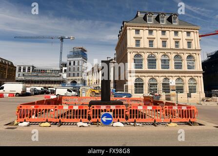 Poundbury, Dorset, UK. Pub, hotel and restaurant that will be named after the Duchess of Cornwall at 'Queen Mother Square' Stock Photo