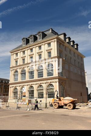 Poundbury, Dorset, UK. Pub, hotel and restaurant that will be named after the Duchess of Cornwall at 'Queen Mother Square' Stock Photo