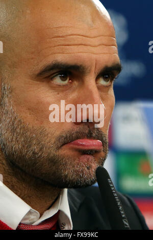 Lisbon, Portugal. 12th Apr, 2016. Bayern Munich's Spanish head coach Pep Guardiola attends a press conference at Luz stadium in Lisbon on April 12, 2016 on the eve of their Champions League quarter-final second leg football match SL Benfica vs FC Bayern Munich. A model presents a creation from the Sangue Novo Fall/Winter 2016/2017 collection during the Lisbon Fashion Week on March 11, 2016 in Lisbon, Portugal. This year Lisbon Fashion Week celebrates the 25th anniversary. Credit:  Pedro Fiuza/ZUMA Wire/Alamy Live News Stock Photo