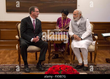 New Delhi, India. 12th April, 2016. U.S Secretary of Defense Ash Carter meets with Indian Prime Minister Narendra Modi at the Racecourse Road residence April 12, 2016 in New Dehli, India. Credit:  Planetpix/Alamy Live News Stock Photo
