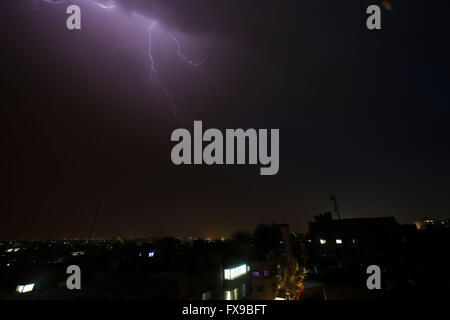 Gaza, Palestine. 10th Apr, 2016. Lightning is seen over Gaza City during a storm in the late hours of the night. © Mohammed Al Hajjar/RoverImages/Pacific Press/Alamy Live News Stock Photo