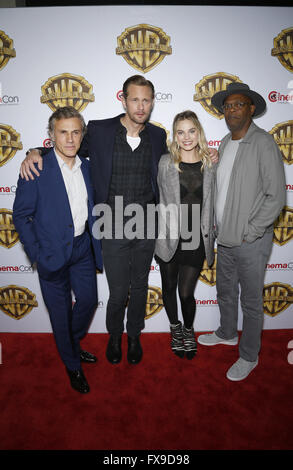 Las Vegas, NV, USA. 12th Apr, 2016. Christophe Waltz, Alexander Skarsgard, Margot Robbie, Samuel L. Jackson. Warner Brothers Pictures presents The Big Picture at 2016 CinemaCon at The Colosseum of Caesars Palace. Photo Credit: MJT/AdMedia Credit:  Mjt/AdMedia/ZUMA Wire/Alamy Live News Stock Photo