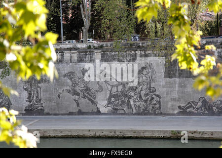 The finding of the body of Aldo Moro, killed by the Red Brigades (Brigate Rosse) in 1978 Rome 12th April 2016. The longest series of murals in Rome was just ended along the river Tiber by the South African artist William Kentridge, titled 'Triumphs and Laments'. The artist used a very simple, ecologic technique to realize the paintings: he 'cleaned' the layer of smog covering the walls along the river with vapor. The mural, 550mt long and made of 80 figures 10mt tall, tells the story, made of Triumphs and Laments, of Rome. Stock Photo